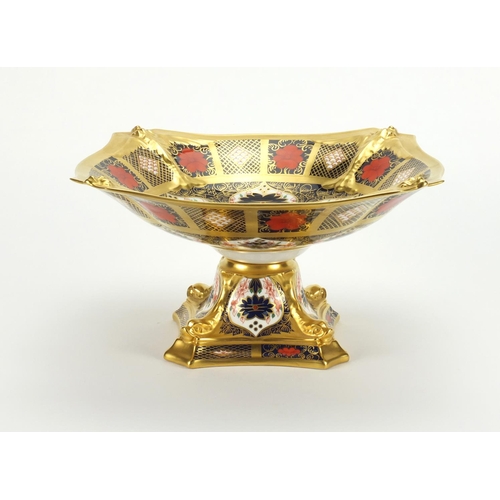 2122 - Royal Crown Derby old Imari pattern two piece tazza with dolphin and gold block design, factory mark... 