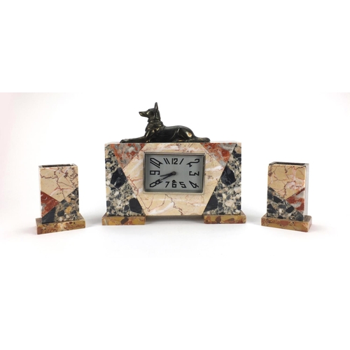 2195 - Art Deco marble mantle clock with garnitures, the mantle clock with Arabic numeral and mounted with ... 