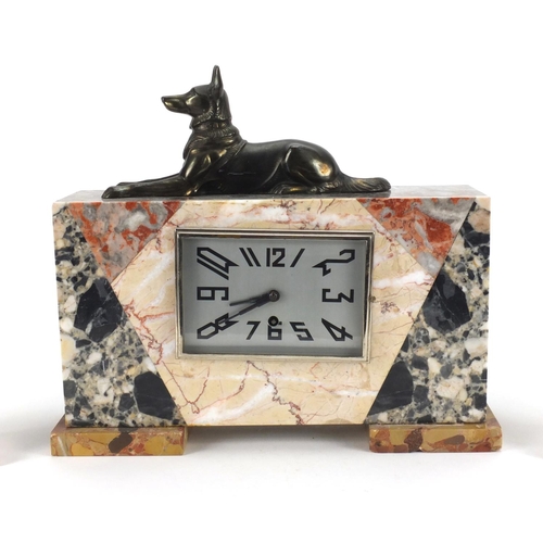 2195 - Art Deco marble mantle clock with garnitures, the mantle clock with Arabic numeral and mounted with ... 