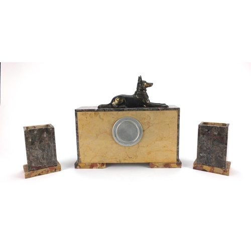 2195 - Art Deco marble mantle clock with garnitures, the mantle clock with Arabic numeral and mounted with ... 