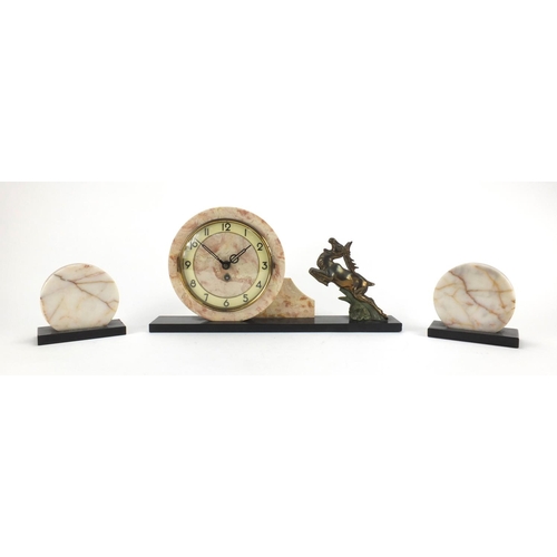 2212 - Art Deco marble mantle clock with garniture, the mantle clock with Arabic numerals and mounted with ... 