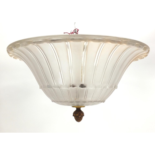 2100 - Large Art Deco frosted glass plafonnier, the good quality gilt brass fitting and acorn finial, 51cm ... 