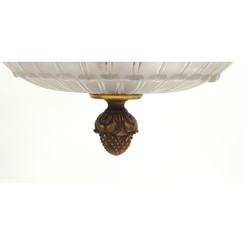 2100 - Large Art Deco frosted glass plafonnier, the good quality gilt brass fitting and acorn finial, 51cm ... 