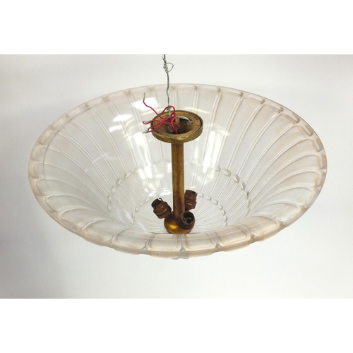 2100 - Large Art Deco frosted glass plafonnier, the good quality gilt brass fitting and acorn finial, 51cm ... 