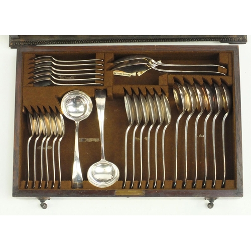 2153 - Six place canteen of silver plated cutlery some with ivorine handles, housed in an oak canteen with ... 