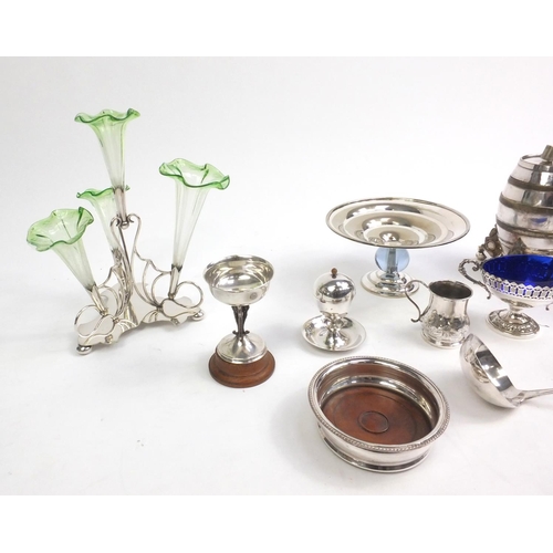 2239 - Silver plate including a three branch epergne with green glass frilled shades, a J R Collis & Co sil... 