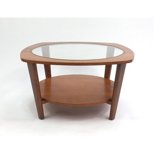 2076 - Retro teak coffee table with circular glass top and under tier, 37.5cm high x 68.5cm in diameter