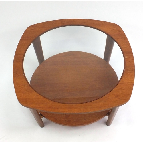 2076 - Retro teak coffee table with circular glass top and under tier, 37.5cm high x 68.5cm in diameter