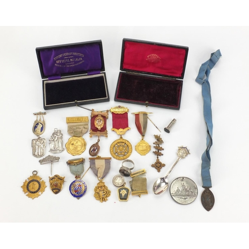 224 - Masonic Royal order of Buffalos and other jewels and related jewellery including part silver and har... 