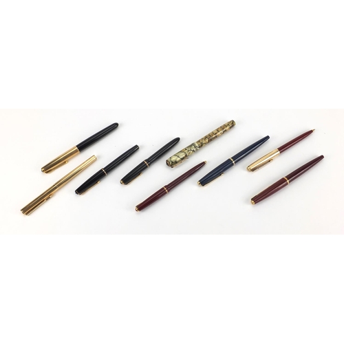 101 - Vintage fountain and ballpoint pens including Parker and a marbleised Valentine example with gold ni... 