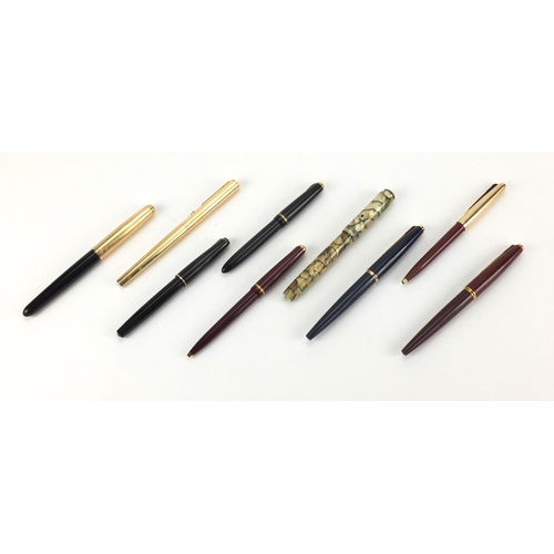 101 - Vintage fountain and ballpoint pens including Parker and a marbleised Valentine example with gold ni... 