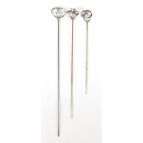 5 - Three Art Nouveau silver hat pins by Charles Horner, various Chester hallmarks, the largest 26.5cm i... 
