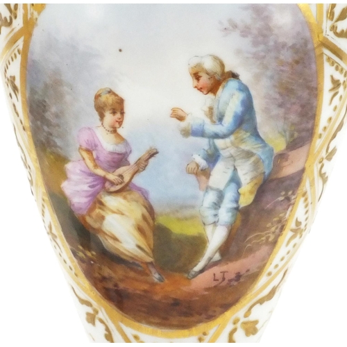 651 - Pair of 19th century Sevres urns and covers, hand painted and gilded with flowers and figures, initi... 