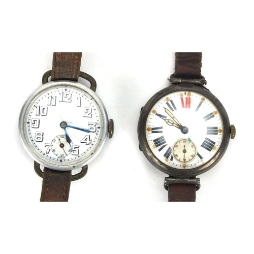 310 - Two Military interest trench watches including a silver example with luminous hands, both with leath... 