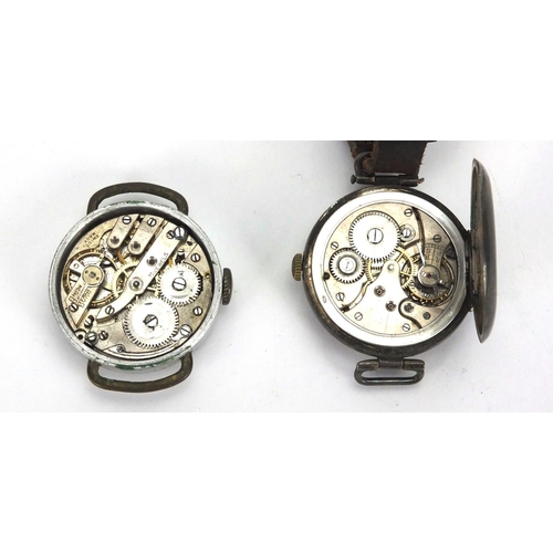 310 - Two Military interest trench watches including a silver example with luminous hands, both with leath... 