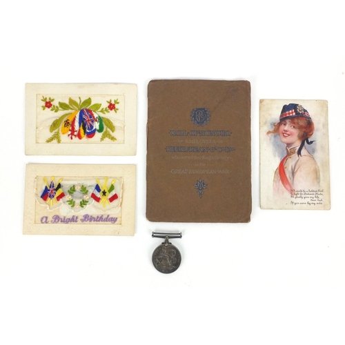 258 - British Military World War I 1914-18 War medal, with three postcards including two silk examples and... 