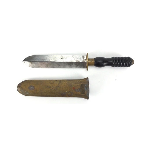 66 - Early 20th century divers knife by Siebe Heinke, with brass sheath, ebonised handle and double edged... 