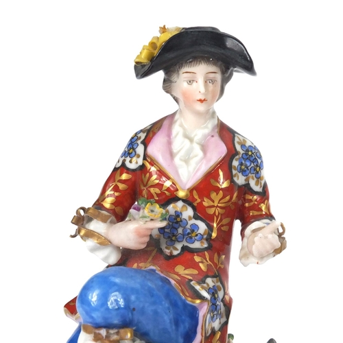 661 - Five continental hand painted porcelain figures including two pairs and a group of a young male and ... 