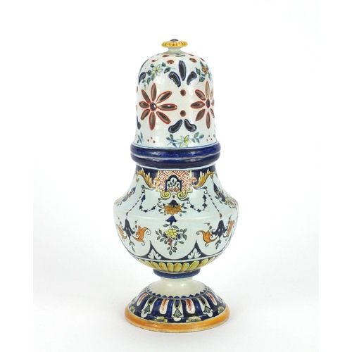 675 - Large continental Majolica sugar caster, decorated with swags and flowers, with screw top lid, initi... 