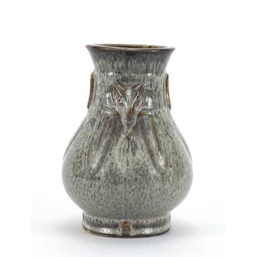 526 - Chinese mottled glazed vase with rams head handles, character marks to the base, 17cm high