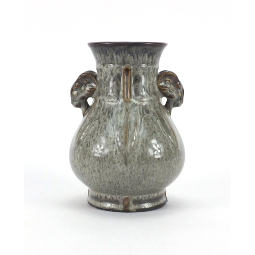 526 - Chinese mottled glazed vase with rams head handles, character marks to the base, 17cm high