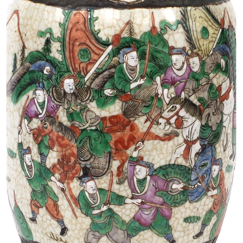 473 - Chinese crackle glazed vase with animalia handles, hand painted in the famille verte palette with wa... 