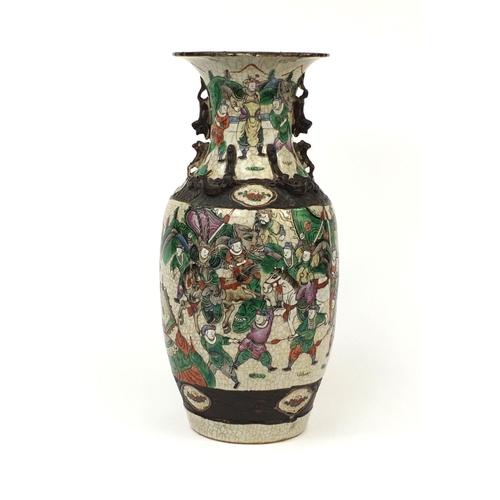 473 - Chinese crackle glazed vase with animalia handles, hand painted in the famille verte palette with wa... 