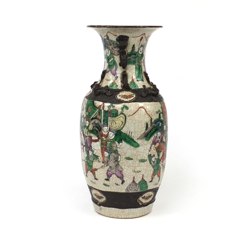 473 - Chinese crackle glazed vase with animalia handles, hand painted in the famille verte palette with wa... 