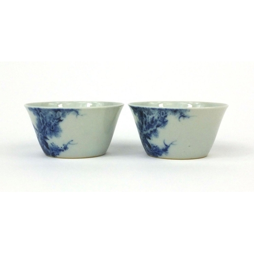 500 - Pair of Chinese blue and white porcelain bowls, each hand painted with birds amongst branches, six f... 