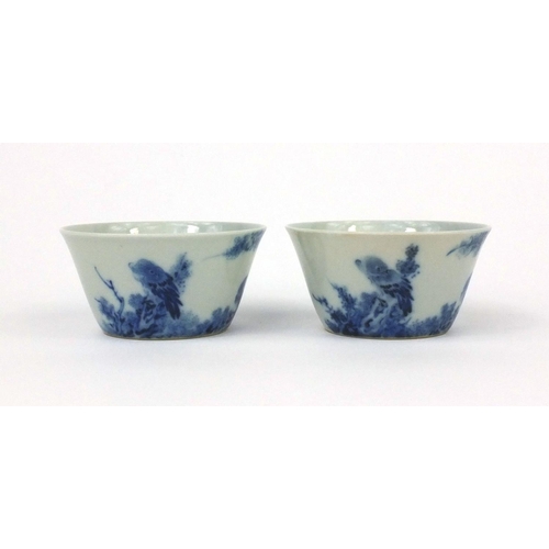 500 - Pair of Chinese blue and white porcelain bowls, each hand painted with birds amongst branches, six f... 