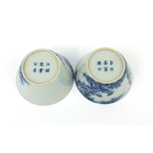 500 - Pair of Chinese blue and white porcelain bowls, each hand painted with birds amongst branches, six f... 