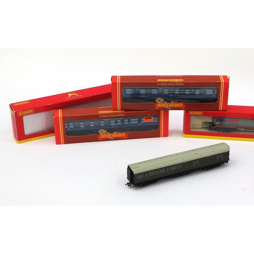 421 - Seven Hornby OO gauge rolling stock, wagons and carriages, including three LMS first class coach, Co... 