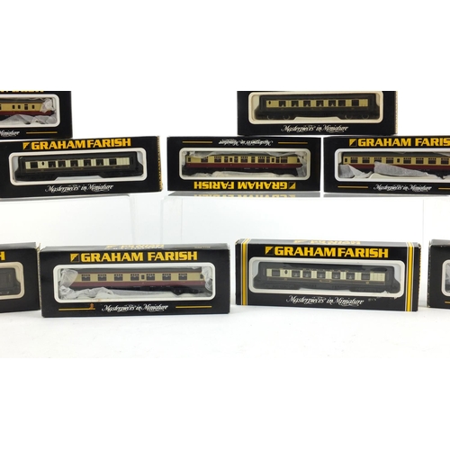 429 - Eleven Graham Farish N gauge model railway coaches, all boxed including models 0646, 0656 and MK3-75... 