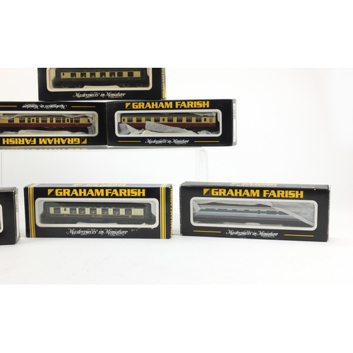 429 - Eleven Graham Farish N gauge model railway coaches, all boxed including models 0646, 0656 and MK3-75... 