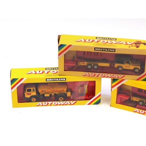 433 - Three Britain's Autoway vehicles, all boxed, comprising land-rover and low loader 9883, land-rover a... 