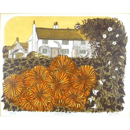 1258 - Robert Tavener - Country Garden and Cottages, pencil signed artist proof linocut, mounted and framed... 