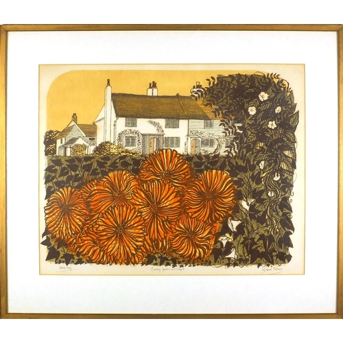 1258 - Robert Tavener - Country Garden and Cottages, pencil signed artist proof linocut, mounted and framed... 