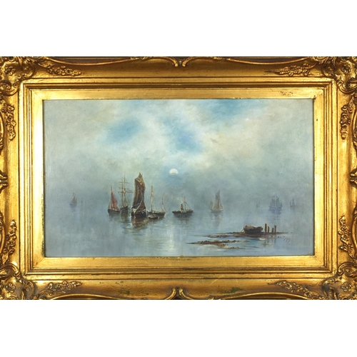 2327 - Oil onto board, boats on calm water at moonlight, bearing a signature Kest, Frank Gadsby label verso... 