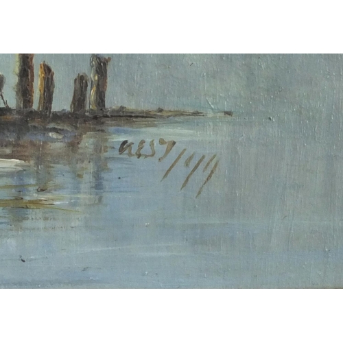 2327 - Oil onto board, boats on calm water at moonlight, bearing a signature Kest, Frank Gadsby label verso... 