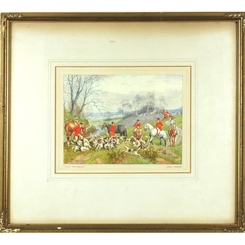 2325 - Cecil Vernon - Watercolour, in at the Death hunting scene, mounted and gilt framed, 195cm x 15cm exc... 