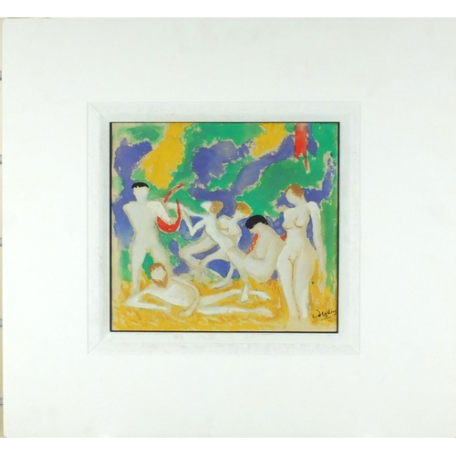 2202 - Unframed watercolour and gouache onto paper, abstract composition, nude figures, bearing an indistin... 