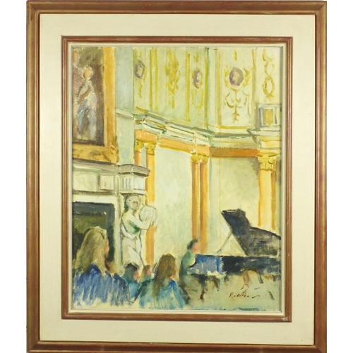 2206 - Guy Roddon - Oil onto canvas, concert, Leigh Underhill Gallery verso, framed, 50cm x 39cm excluding ... 