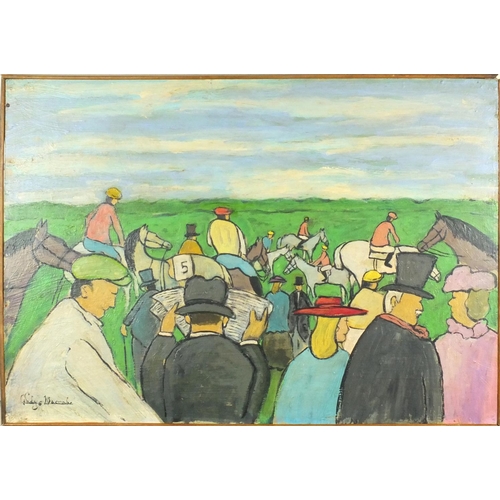 2156 - Oil onto board, horse fair, bearing a signature Gladys Maccabe, framed, 82cm x 56cm excluding the fr... 