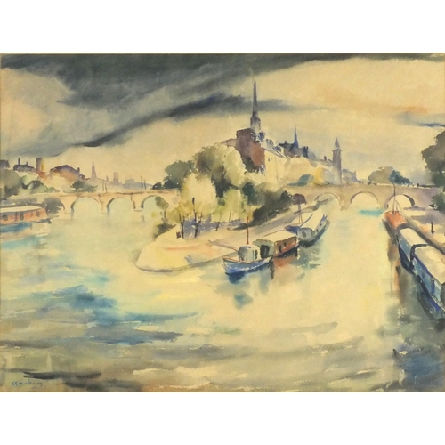 2094 - Watercolour onto card, continental canal, bearing a signature, Lebourg, label verso, mounted and fra... 