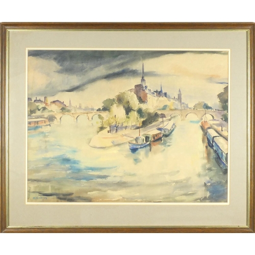 2094 - Watercolour onto card, continental canal, bearing a signature, Lebourg, label verso, mounted and fra... 