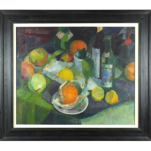 2090 - Sheila Bownas - Oil onto canvas, still life, fruits and bottles, Leigh Underhill Gallery label verso... 