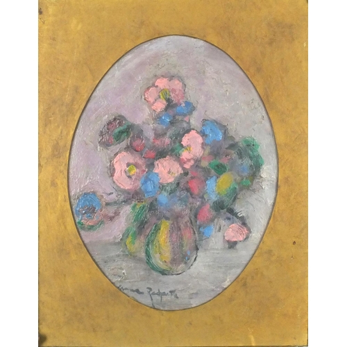 2204 - Oval oil onto card, still life flowers in a vase, bearing a signature Anne Redpath, mounted and orna... 