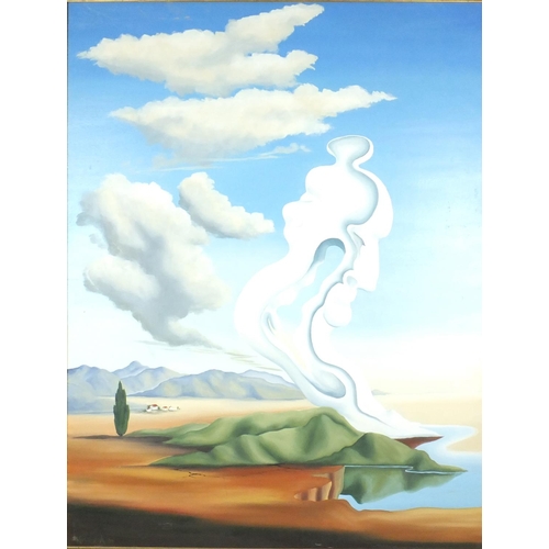 2158 - Veronica - Oil onto canvas, surrealist desert scene, gilt framed, 115cm x 88cm excluding the frame