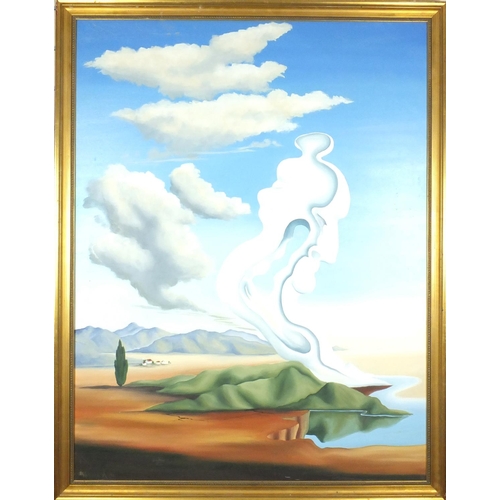 2158 - Veronica - Oil onto canvas, surrealist desert scene, gilt framed, 115cm x 88cm excluding the frame