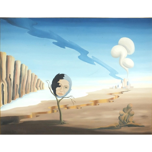 2157 - Veronica - Oil onto canvas, surreal desert scene with town in the background, gilt framed, 114cm x 8... 